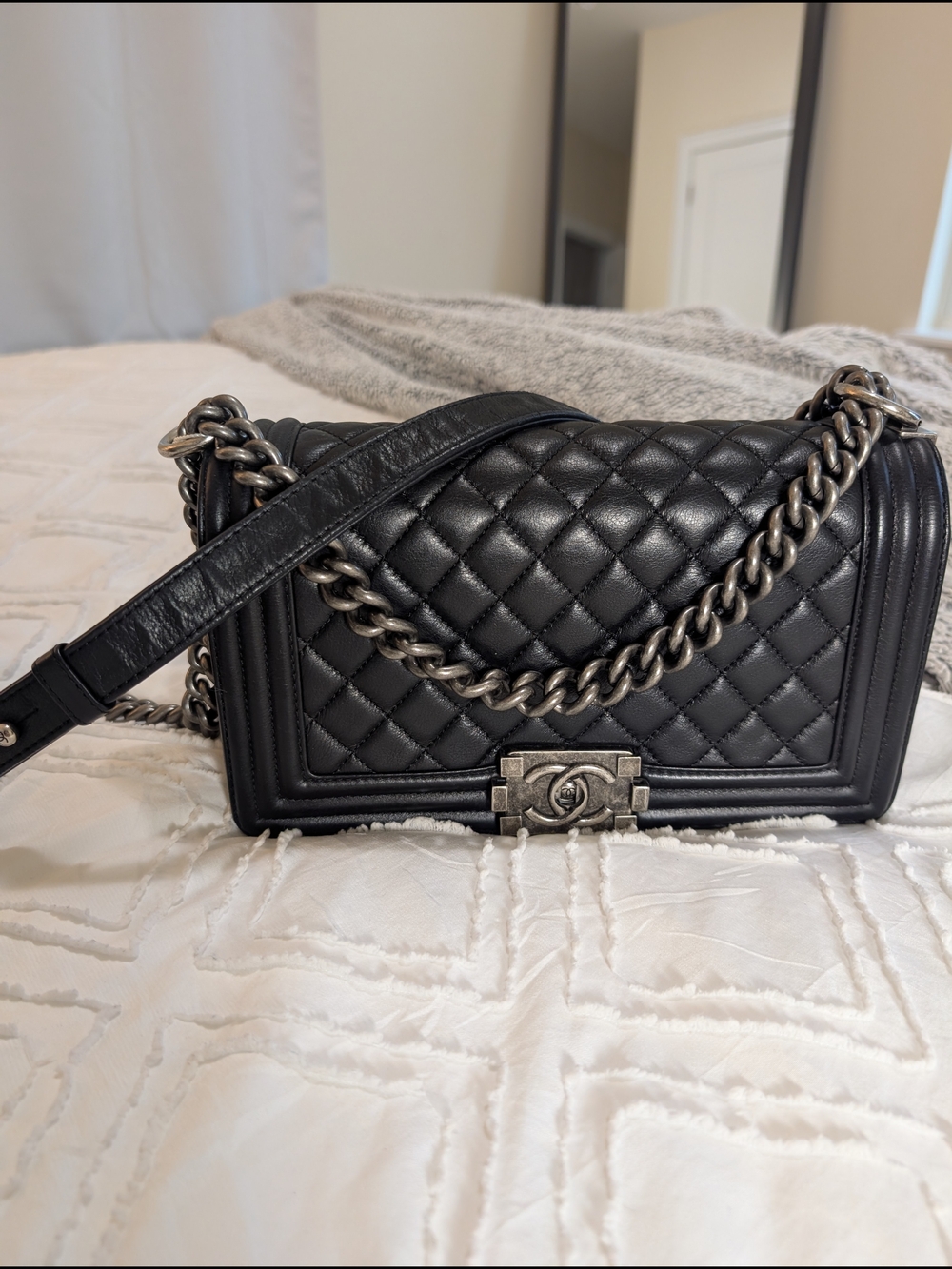 Chanel Black Quilted Leather Boy Bag with Chain Strap - Picture 11 of 17